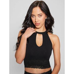 GUESS Women's Lila Cutout Seamless Ribbed Lace-Trim Sweater Black Size S